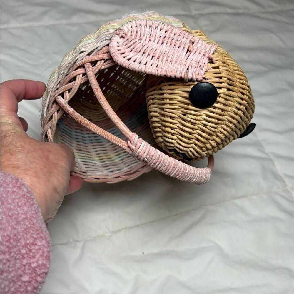 Vintage Woven Easter Bunny Basket with Pink, Blue, and Tan Accents